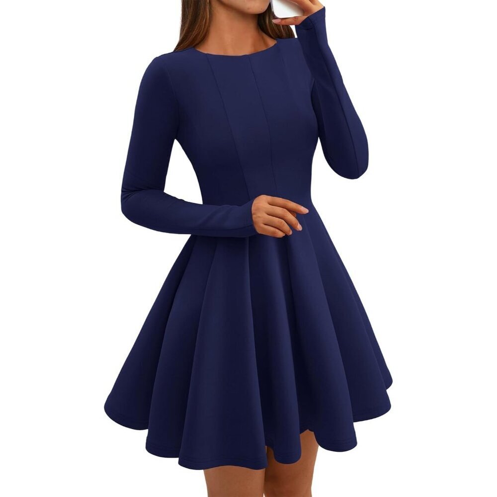 Women Navy High Waist Pleated Flowy A Line Long Sleeve Casual Fall Dress
